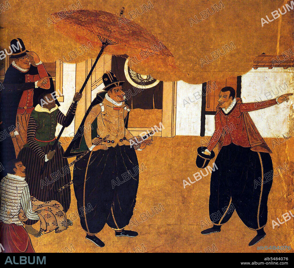 Kani Naizen (1570 - 1616) was a Japanese painter of the Kani school, particularly known for his screen paintings (byi bu) of Namban (Southern Barbarians, i.e. Europeans). The Nanban trade (Nanban bi eki, 'Southern barbarian trade') or the Nanban trade period (Nanban bi eki jidai, 'Southern barbarian trade period') in Japanese history extends from the arrival of the first Europeans - Portuguese explorers, missionaries and merchants - to Japan in 1543, to their near-total exclusion from the archipelago in 1614, under the promulgation of the 'Sakoku' Seclusion Edicts.
