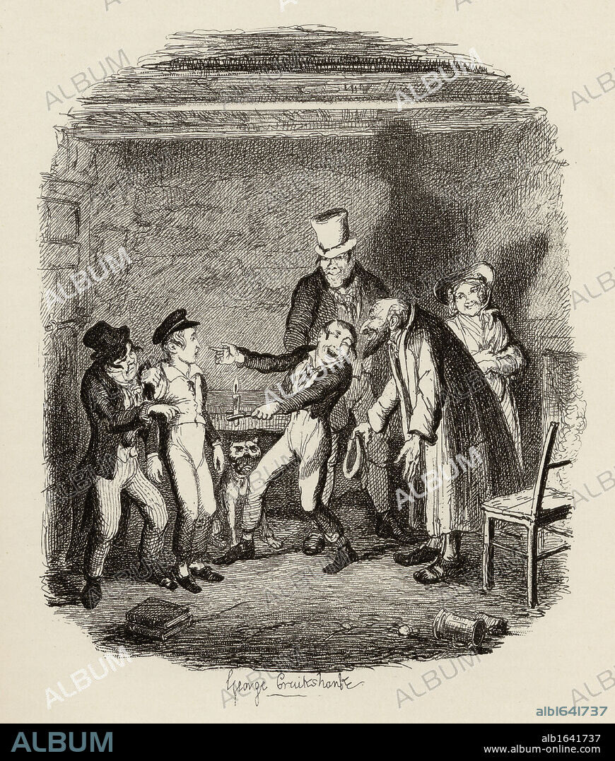 Oliver's reception by Fagin and the boys. From the book "The Adventures of Oliver Twist" by Charles Dickens, with illustrations by G.Cruikshank. Published by Chapman and Hall, London 1901.