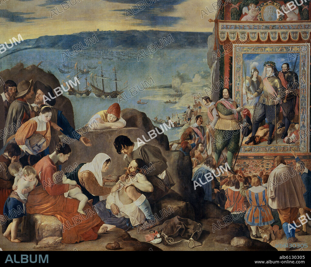 FRAY JUAN BAUTISTA MAINO (1581-1649). RECUPERACION DE BAHIA DE TODOS LOS SANTOS EN BRASIL EN 1625 - O/L - 309x381 DE 1634/5  - NP 885 - BARROCO ESPAÑOL- CORONACION DE FELIPE IV POR MINERVA.