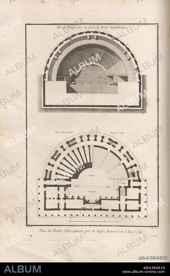 Shot of the Theater taken above the last Amphitheater; Shot of the Theater of Herculaneum near Naples discovered in the year 1738, Reconstruction of the 18th century amphitheater of Herculaneum, signed: Paris Delin, PP, Choffard Sculp, N ° 29, after p. 62, Paris (delin.); Choffard, P.P; (sculp.), 1781, Jean Claude Richard Saint Non: Voyage pittoresque ou description des royaumes de Naples et de Sicile. Seconde partie du premier vol. Paris: [Clousier] 1781-1786.