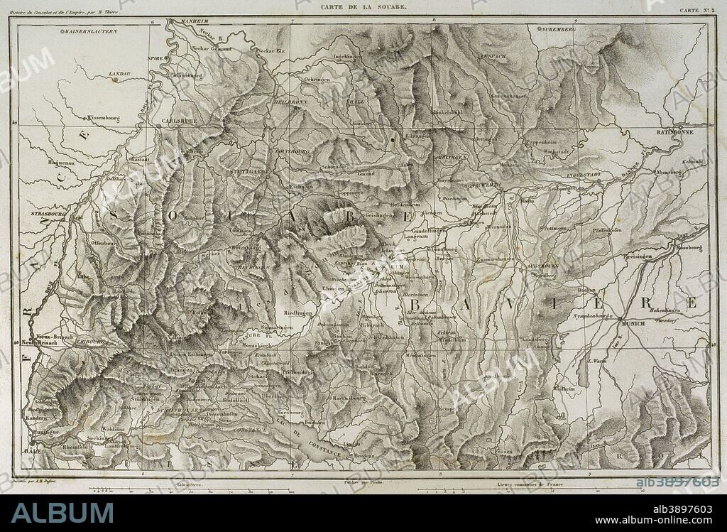Map of Swabia (southwestern Germany). Atlas de l'Histoire du Consulat et de l'Empire. History of the Consulate and the Empire of France under Napoleon by Marie Joseph Louis Adolphe Thiers (1797-1877). Drawings by Dufour, engravings by Dyonnet. Edited in Paris, 1864.