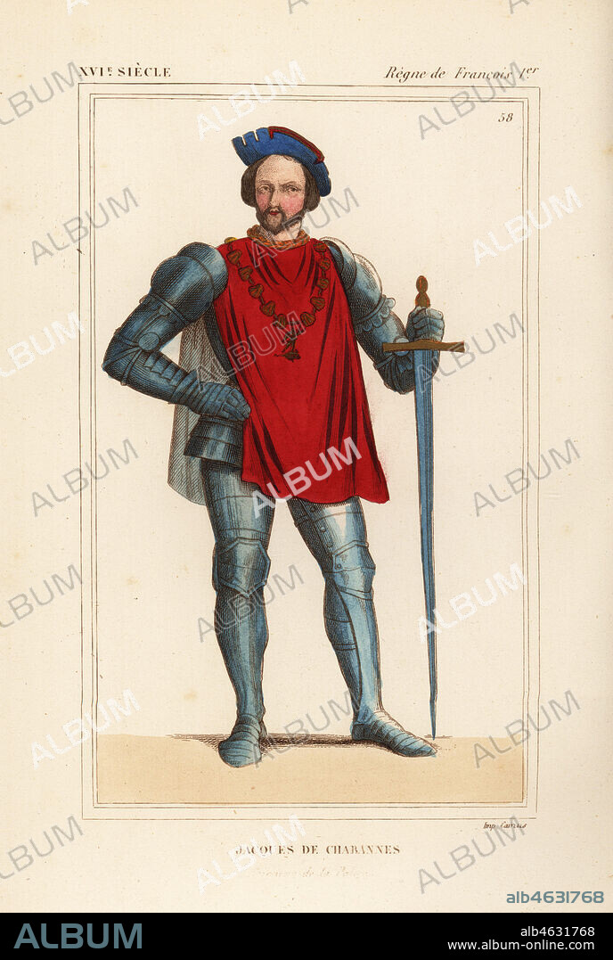 Jacques de Chabannes, seigneur de la Palice, French military officer, 1470-1525. He wears a suit of armour with iron-plate tonlets with scarlet coat of arms over the shoulders. Handcoloured lithograph after a figure in Roger de Gaignieres' portfolios from Le Bibliophile Jacob aka Paul Lacroix's Costumes Historiques de la France (Historical Costumes of France), Administration de Librairie, Paris, 1852.