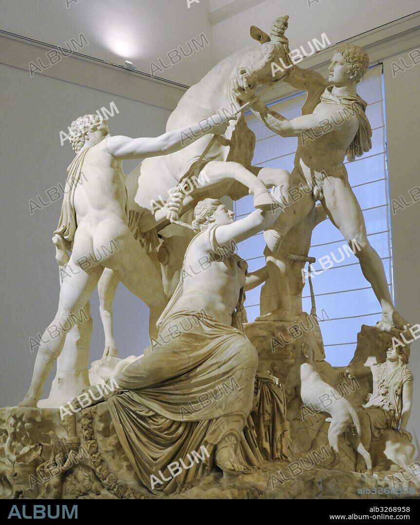 The Farnese Bull. Roman copy (3rd century AD) of a Hellenistic sculpture. Myth of Dirce. She was tied to a wild bull by the sons of Antiope, Amphion and Zethus. From baths of Caracalla, Rome. National Archaeological Museum, Naples. Italy.
