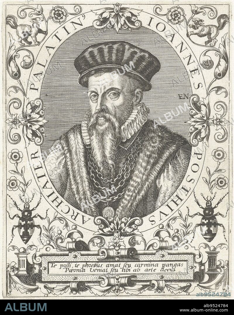 Portrait of Johannes Posth, Theodor de Bry, after Jean Jacques Boissard, c. 1597 - c. 1599, Portrait of the German physician and poet Johannes Posth, in oval with edge lettering. Below the portrait a poem of praise., print maker: Theodor de Bry, print maker: Johann Theodor de Bry, intermediary draughtsman: Jean Jacques Boissard, (possibly), Frankfurt am Main, c. 1597 - c. 1599, paper, engraving, h 140 mm × w 100 mm.