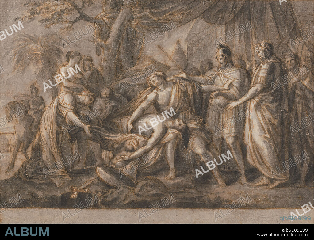 Achilles Lamenting the Death of Patroclus, Gavin Hamilton, 17231798, British, active in Italy (174448 and 1756 on), between 1760 and 1763, Pen and brown ink, gray wash and brown wash on medium, slightly textured, cream laid paper mounted to medium, slightly textured, cream wove paper, Sheet: 6 7/8 × 9 inches (17.5 × 22.9 cm), curtain, death, men, mourning, palm tree, religious and mythological subject, soldiers, Trojan war, women.