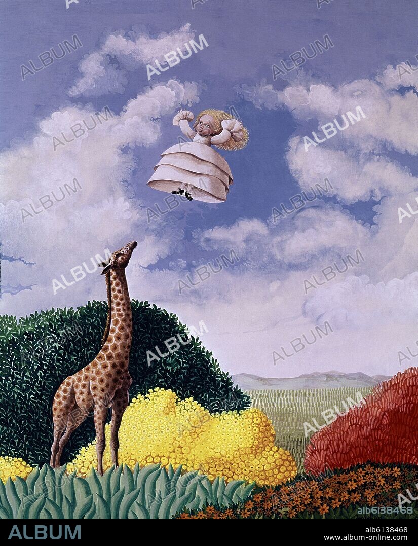 ISABEL VILLAR ORTIZ DE URBINA. PINTURA NAIF-LA JIRAFA Y LA NINA.