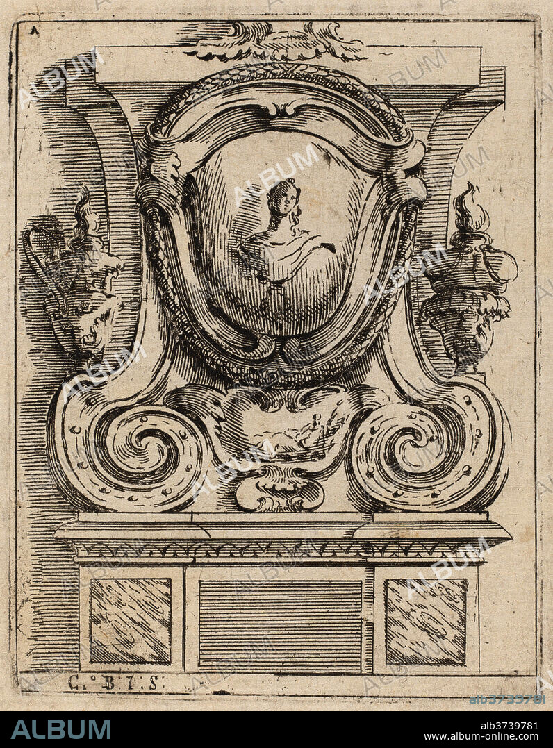 CARLO ANTONIO BUFFAGNOTTI. Architectural Motif with Bust and Two Lamps. Dated: c. 1690. Dimensions: plate: 11.1 x 8.6 cm (4 3/8 x 3 3/8 in.)  sheet: 17.4 x 12.1 cm (6 7/8 x 4 3/4 in.). Medium: etching on laid paper.