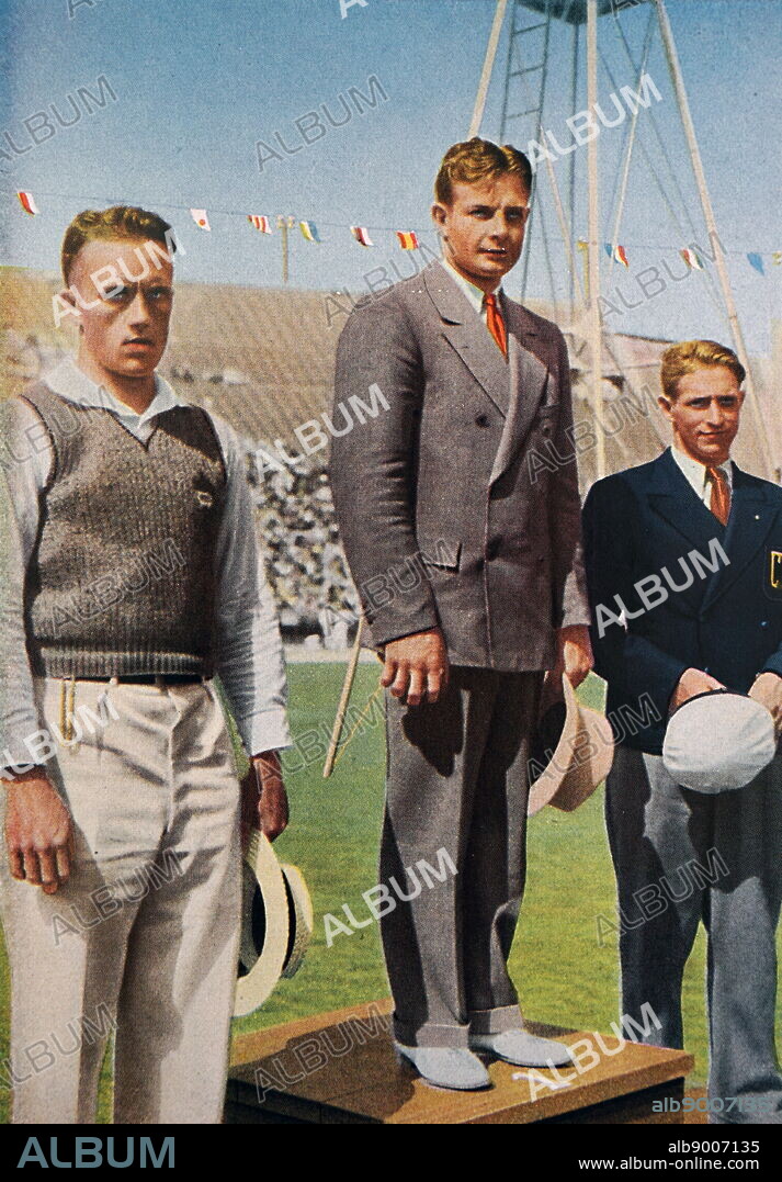 Photograph showing the podium for the Decathlon during the 1932 Olympic games. Jim Bausch (1906 - 1974)for the USA took gold. Akilles "Aki" Eero Johannes Järvinen (1905 - 1943) for Finland took Silver. Wolrad Eberle (1908 - 1949) for Germany took bronze.