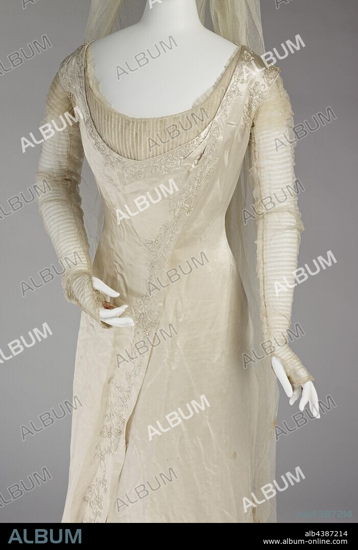 wedding dress, collar, veil and matching stockings, 1909, silk, 1) Dress: 92 x 31 in. 2) Veil: 69 x 33 in. 3) Collar: 12-8-1/2 in. 4A-B) Stockings: 33 x 3-1/2 in. (each), Textile and Fashion Arts.
