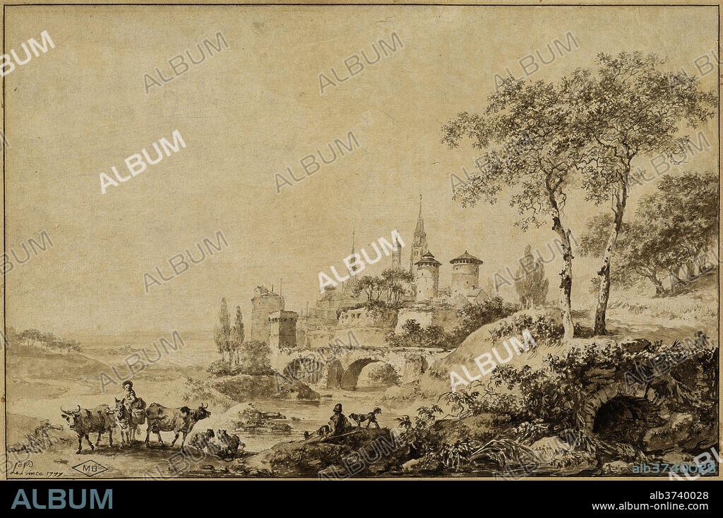 JEAN-BAPTISTE LE PRINCE. Shepherds in a Landscape before a Fortified Town. Dated: 1777. Dimensions: Overall (approximate): 26.9 x 40.5 cm (10 9/16 x 15 15/16 in.)  support: 33.6 x 45.6 cm (13 1/4 x 17 15/16 in.). Medium: pen and brown ink with brown wash over graphite  on laid paper.