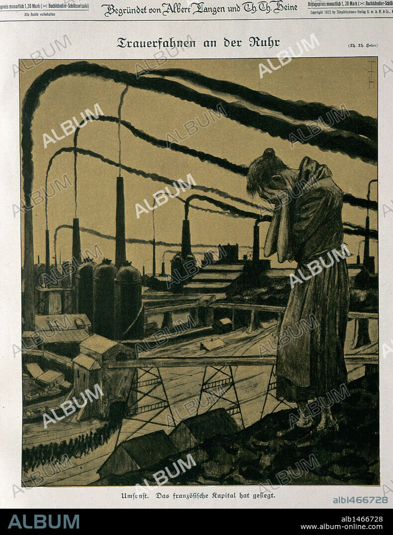 "SIMPLICISSIMUS". Revista satírico-política alemana editada en Munich. "CUENCA DEL RUHR", ocupada por las tropas francesas y belgas entre los años 1923 y 1925 para forzar a Alemania a pagar lo establecido por el Tratado de Versalles. PORTADA de un número del año 1923. Colección particular.