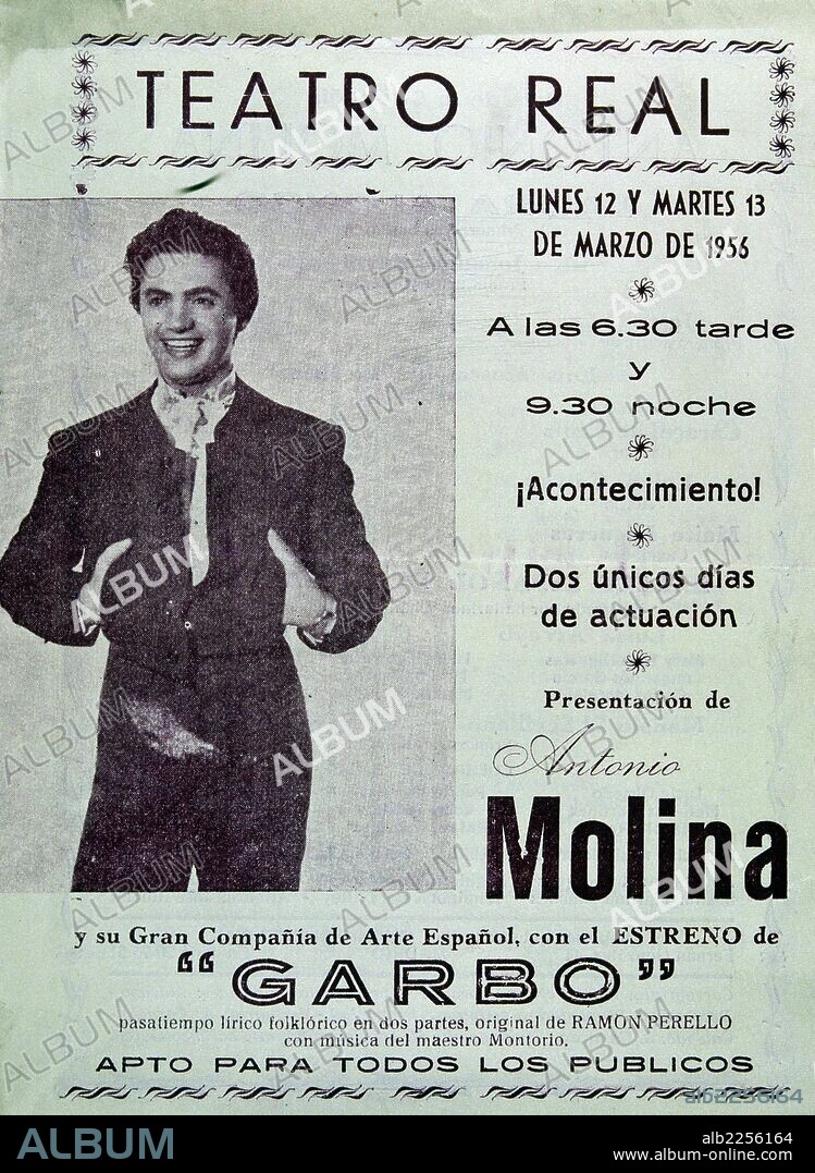 EL ACTOR Y CANTANTE ANTONIO MOLINA. CARTEL TEATRO " GARBO ".