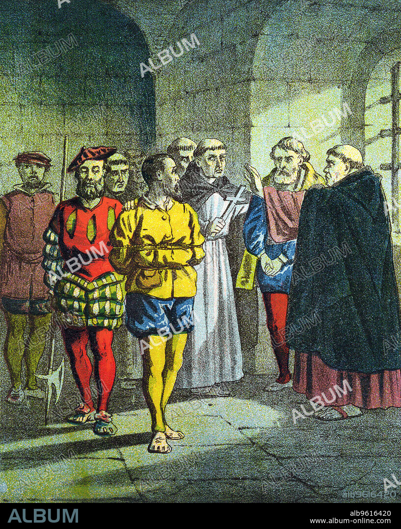George Wishart, 16th century Scottish Protestant reformer, c1860. Wishart, having been tried before Cardinal Beaton and condemned to death, being urged to deny his faith and accept Rome. Beaton was assassinated in revenge for having the popular Wishart executed. Chromolithograph from an edition of Foxe's Book of Martyrs, c1860.