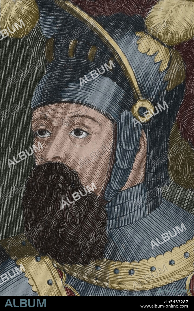 ANTONIO ROCA SALLENT (1813-1864). SPANISH ENGRAVER.. Wilfred I the Hairy (840- 897). Count of Barcelona, Cerdanya, Urgell, Girona and Besalú. Portrait, detail. Engraving by Antonio Roca. Las Glorias Nacionales, 1853. Later colouration.