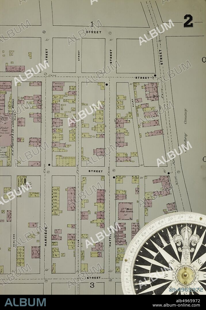 Image 6 of Sanborn Fire Insurance Map from Pittsburgh, Allegheny County, Pennsylvania. 1884 Vol. 1. 77 Sheet(s). Double-paged plates numbered 1-37. Bound, America, street map with a Nineteenth Century compass.