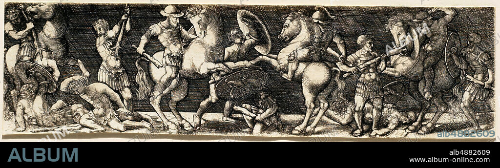 Master I. B., German, active c. 15231530, Combat of Gladiators on Horse and Foot, 16th century, Engraving (?) on wove paper, sheet: 1 7/8 x 6 7/8 in. (4.8 x 17.4 cm).