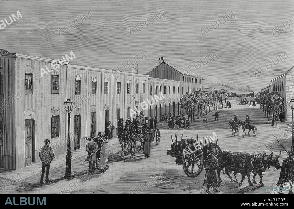 JUAN COMBA GARCÍA (1852-1924). SPANISH ILLUSTRATOR.. Historia de España. Madrid. Casas económicas para obreros construidas por "La Constructora Benéfica". Barrio del Pacífico. Perspectiva de la calle Caridad. Fueron edificadas 38 casas para 58 familias. Se facilitaba el acceso a la vivienda para trabajadores, posibilitándoles la manera de adquirir la propiedad de su hogar mediante el pago de un alquiler durante algunos años. Dibujo por Juan Comba. Grabado. La Ilustración Española y Americana, 1883.