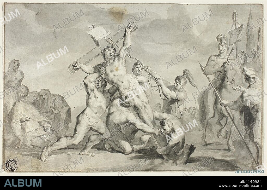 THE YOUNGER OTTMAR ELLIGER. The Raising of the Cross. Ottmar Elliger, the younger; German, 1666-1735. Date: 1686-1735. Dimensions: 136 x 210 mm. Pen and gray and brown ink, with brush and gray wash, over traces of red chalk, on ivory laid paper. Origin: Germany.