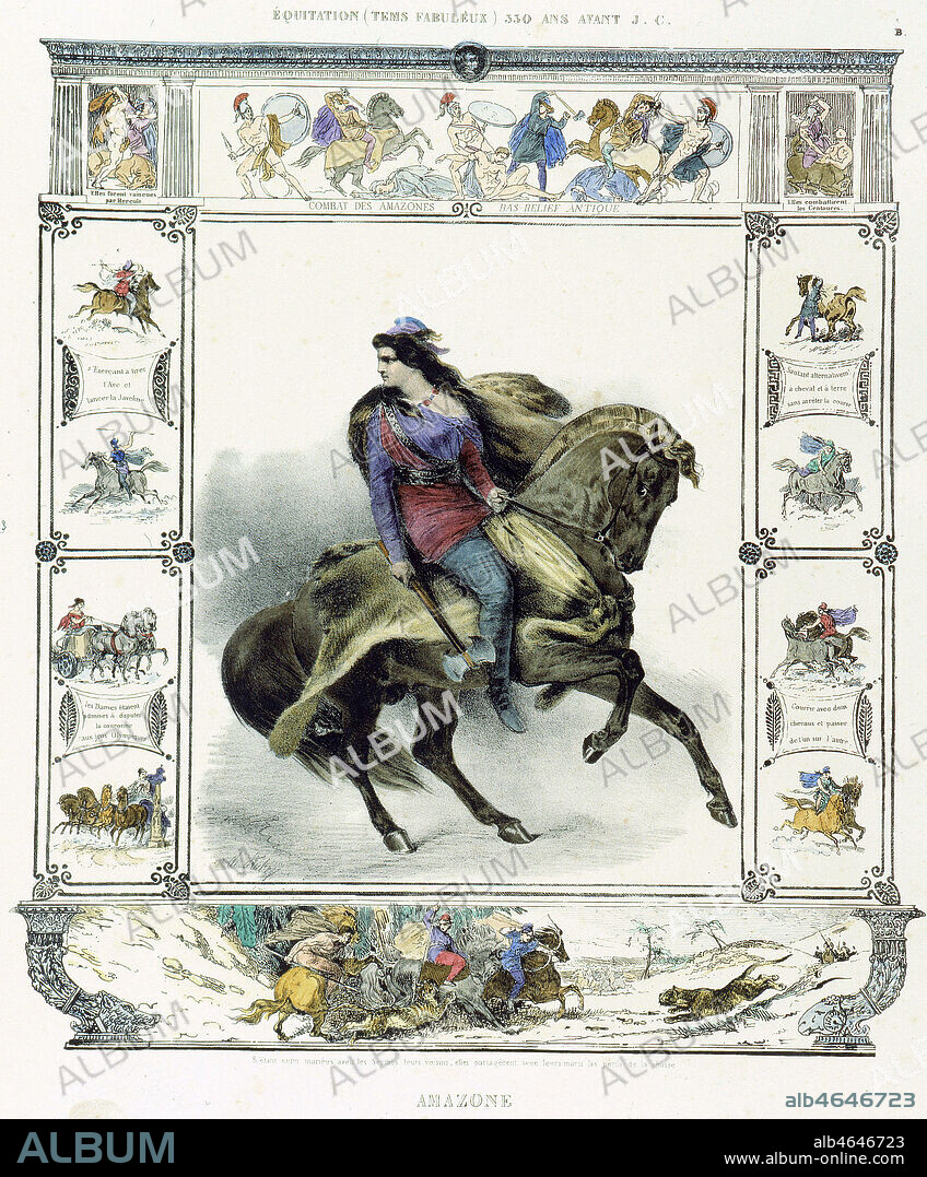 Une Amazone, en 330 av. JC. Illustration tiree de l'Histoire pittoresque de l'equitation ancienne et moderne, par Charles AUBRY, en 1833. Credit : Collection MX/KHARBINE-TAPABOR.