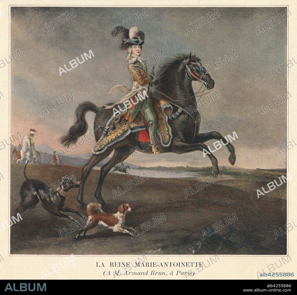 'La Reine Marie-Antoinette', 1783. Equestrian portrait of Marie-Antoinette in hunting attire. The daughter of Francis I and Maria Theresa of Austria, Marie Antoinette (1755-1793) married the French Dauphin (the future King Louis XVI) in 1770. Louis became king in 1774, but Marie-Antoinette's unpopularity due to her perceived extravagance, indifference to the plight of ordinary people and opposition to reform, contributed to the outbreak of the French Revolution in 1789 and the overthrow of the monarchy. She was tried and executed by the guillotine in 1793 after a year's imprisonment. Painting in the Chateau de Versailles, France.