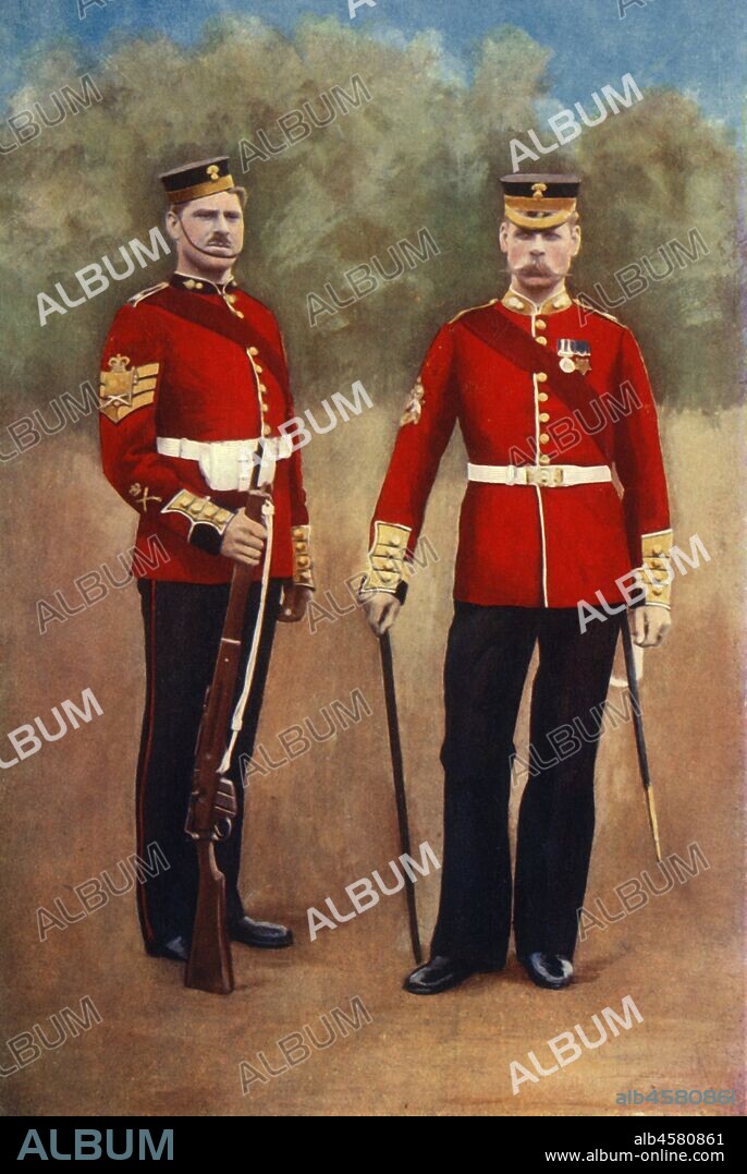 GREGORY & CO. 'The Grenadier Guards (Colour-Sergeant & Sergeant-Major)', 1901. The Grenadier Guard, an infantry regiment of the British Army were deployed to South Africa, where they took part in the Battle of Modder River and the Battle of Belmont.  From "South Africa and the Transvaal War, Vol. VI", by Louis Creswicke. [T. C. & E. C. Jack, Edinburgh, 1901].