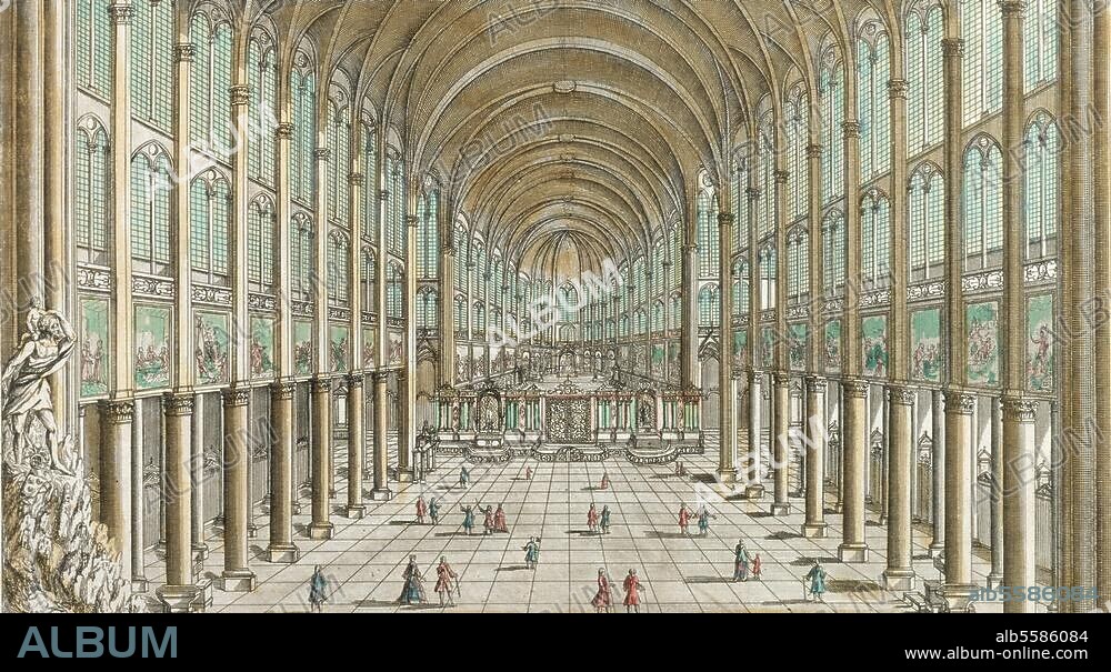 Paris (Frankreich), Kathedrale - Cathédrale Notre-Dame. "Vue intérieur de l'Eglise (...).". (Innenansicht Ende des 17. Jahrhunderts: im Langhaus u. Chor hängen sog. "Mays", die die Zunft der Goldschmiede in Paris 1630-1707, fast jedes Jahr, jeweils am 1. Mai stifteten). Kupferstich, zeitgenössisch, teilkoloriert. Paris, Musée de Notre-Dame.