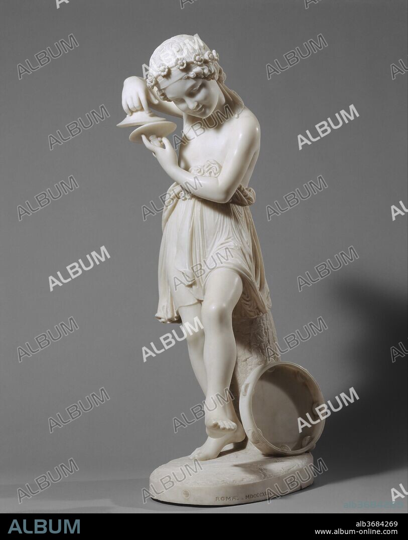 Genius of Mirth. Artist: Thomas Crawford (American, New York 1813?-1857 London). Dimensions: 47 x 20 x 24 in. (119.4 x 50.8 x 61 cm). Date: 1842; carved 1843.
During a visit to Crawford's Rome studio in 1842, the New Yorker Henry Hicks gave him an order for a sculpture, leaving the theme to the artist's choosing. Crawford's selection of a lighthearted youth was likely to please his patron, as images of children were especially popular in the mid-nineteenth century. He described his subject as "a boy of seven or eight years, dancing in great glee, and tinkling a pair of cymbals, the music of which seems to amuse him exceedingly." The sculptor and his contemporaries relished the technical challenges of carving marble; the disengaged raised left leg epitomizes the virtuosity they delighted in displaying.