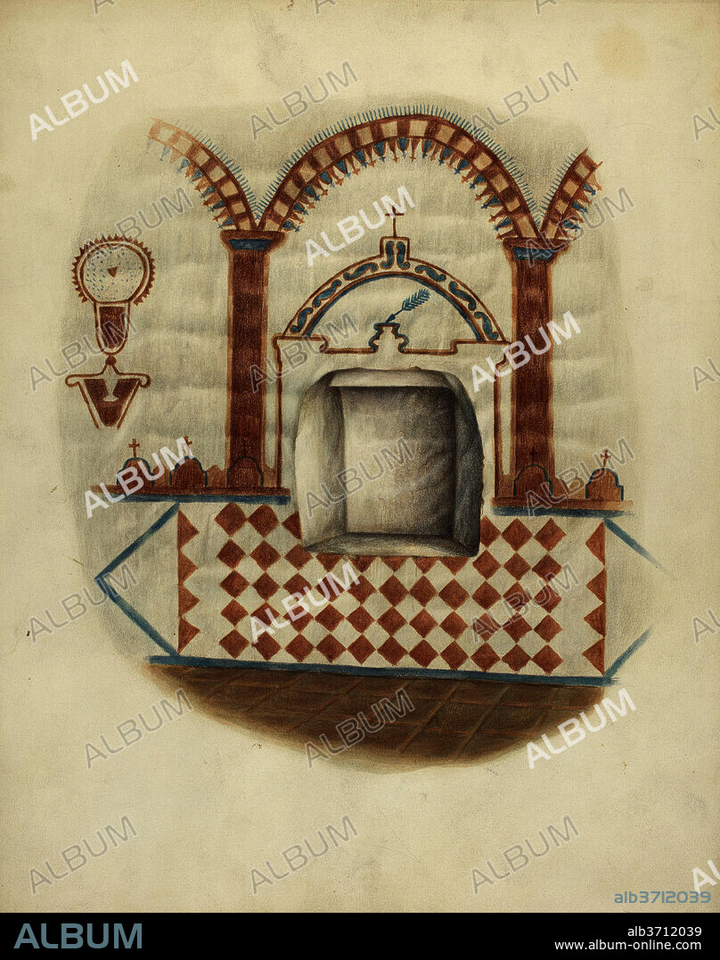 GEORGE E. RHONE. Wall Painting and Niche: Restoration Drawing. Dated: c. 1939. Dimensions: overall: 35.5 x 27.9 cm (14 x 11 in.)  Original IAD Object: none given. Medium: watercolor, colored pencil, and graphite on paper.
