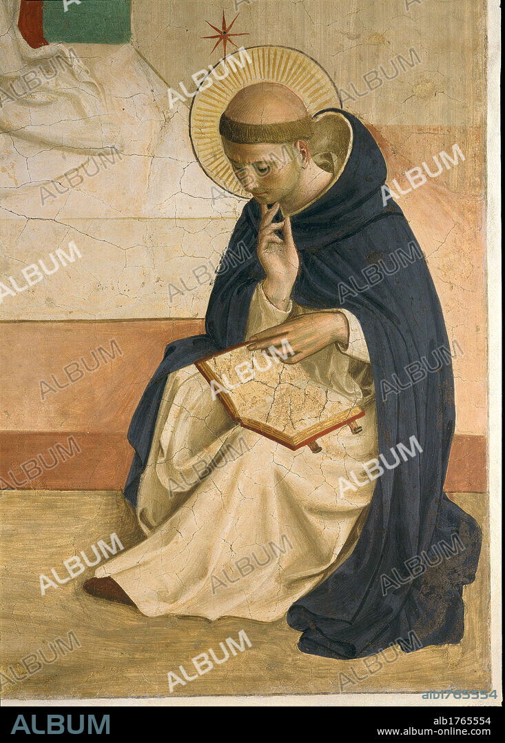 Christ Mocked, by Guido di Pietro (Piero) known as Beato Angelico, 1438-1446 about, 15th Century, fresco, cm 188 x 164. Italy, Tuscany, Florence, San Marco Convent, cell 7. Detail. St Dominic sitting reading book meditation halo aureole cleric. Authorization required for non editorial use.