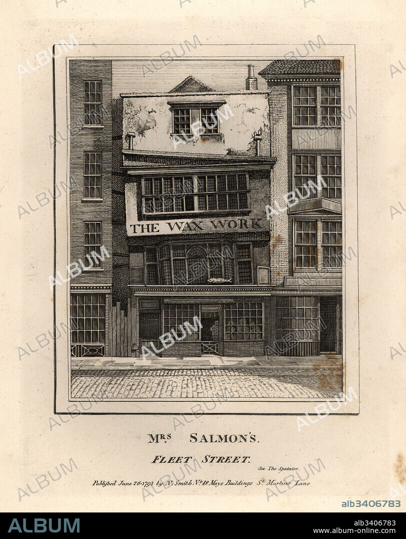 Mrs. Salmons Waxworks Museum, at the Horn Tavern, 17 Fleet Street. It had 140 wax figures and was run by Mrs. Clark from 1760 until 1812. Copperplate engraving by John Thomas Smith after original drawings by members of the Society of Antiquaries from his J.T. Smiths Antiquities of London and its Environs, J. Sewell, R. Folder, J. Simco, London, 1793.