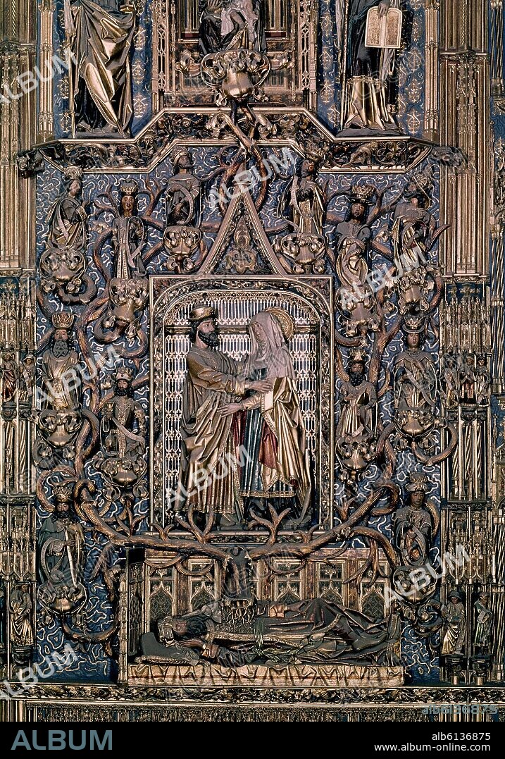 GIL DE SILOE. RETABLO DE LA CAPILLA DE LA CONCEPCION Y SANTA ANA- ABRAZO DE SAN JOAQUIN Y SANTA ANA - 1492 - GOTICO TARDIO.