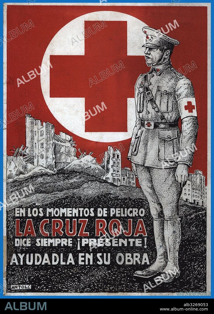 España. Guerra civil (1936-1939). Cartel de Ayuda a la Cruz Roja. Un oficial sanitario y al fondo las ruinas de un bombardeo.