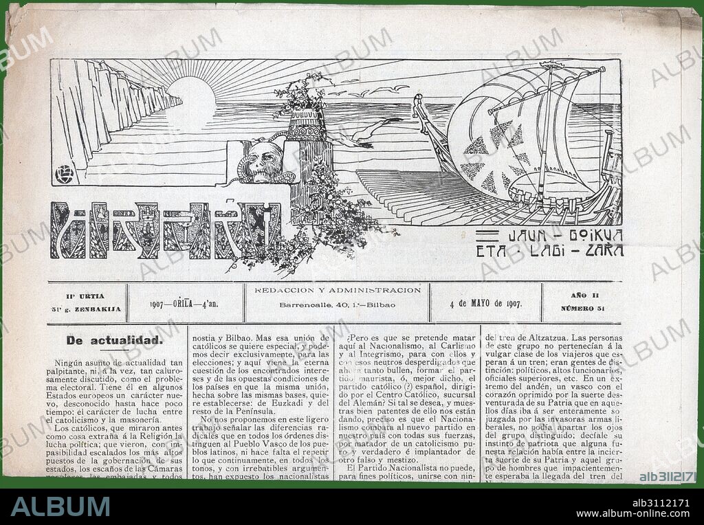 Cabecera de la revista Aberri, órgano oficial del Partido Nacionalista Vasco, con su lema fundacional "Jaungoikua eta Lagizara". Bilbao, mayo de 1907.