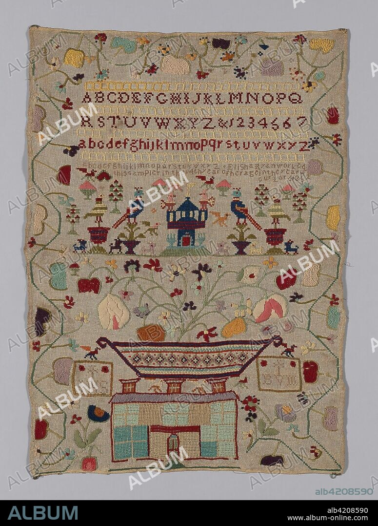 ELIZA RYAN. Sampler. Elisha Ryan (Irish, born 1837/38); Ireland. Date: 1852. Dimensions: 62.9 × 44.5 cm (24 3/4 × 17 1/2 in.). Cotton, plain weave; cutwork embroidered with wool in overcast stitch; embroidered with silk and wool in cross, long-armed cross, outline, satin and stem stitches. Origin: Ireland.