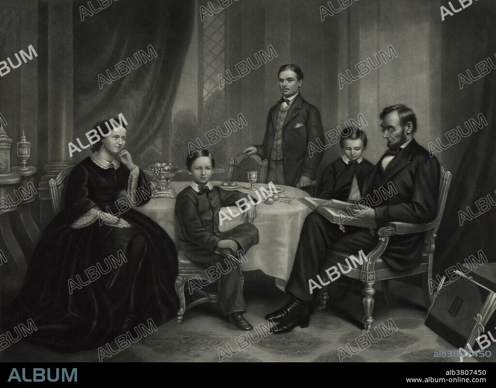 Lincoln family in 1861, painted by F.B. Carpenter, engraved by J.C. Buttre. Abraham Lincoln (February 12, 1809 - April 15, 1865) was the 16th American President. Reared on the western frontier, Lincoln was mostly self-educated. He became a country lawyer, an Illinois state legislator and member of the House of Representatives. He was elected president in 1860, but before Lincoln took office, seven southern slave states declared their secession and formed the Confederacy. When war began Lincoln concentrated on both the military and political dimensions of the war effort, seeking to reunify the nation. He exercised unprecedented war powers, including the arrest and detention without trial of thousands of suspected secessionists. He issued his Emancipation Proclamation in 1863 and promoted the passage of the Thirteenth Amendment to the Constitution, abolishing slavery. Lincoln married Mary Todd in 1842. They had four sons; Robert Todd, Edward Baker, Willie and Tad, but only Robert survived to adulthood. Lincoln was assassinated by John Wilkes Booth at the Ford Theater on April 14th, 1865. After being in a coma for nine hours, Lincoln died at 7:22 am on April 15, at the age of 56.
