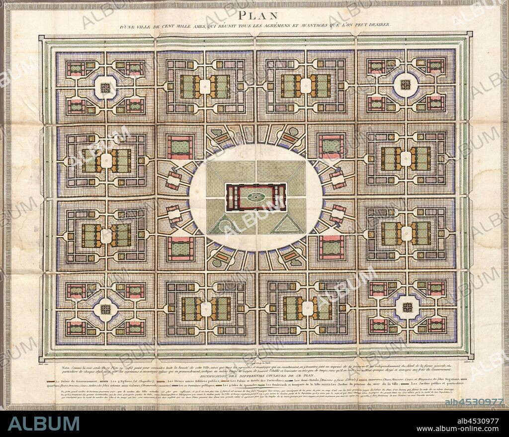 Plan of a City of one hundred thousand souls, which brings together all the amenities and advantages that may be desired, Plan of a city for ten thousand inhabitants from the 19th century, signed: Moll inv, Adam sc, Taf. 1, according to p. 62, Moll, Johann Jakob (inv.); Adam (sc.), 1801, Johann Jakob Moll: Plan d'une ville de cent mille ames [...]. A Bienne: [s.n.], [s.a.].