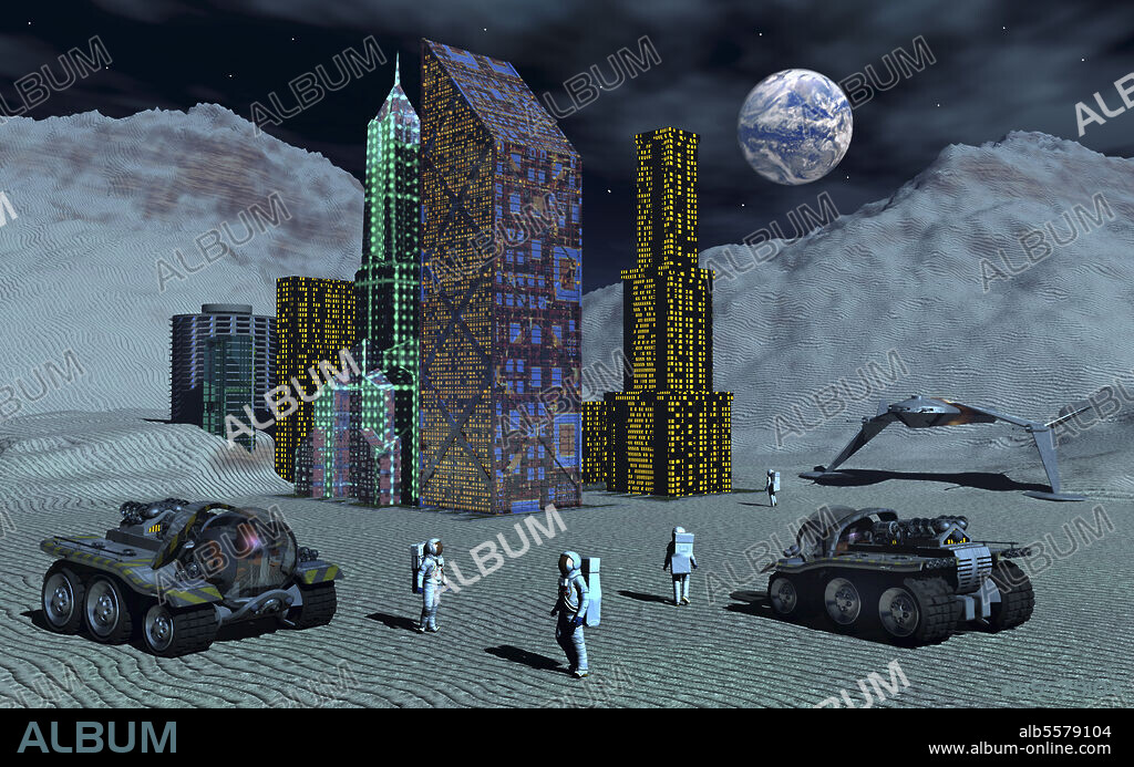 Artist's concept of futuristic colonies being set up on the surface of Earth's moon.
