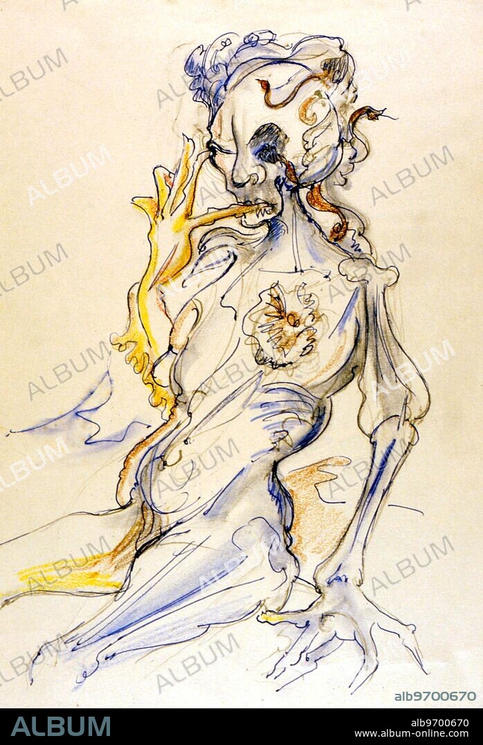 Lilith in her role of mistress over the dying - drawing of Lilith entitled Bag of Bones ( or Heap of Bones ) by Fay Pomerance - private collection.