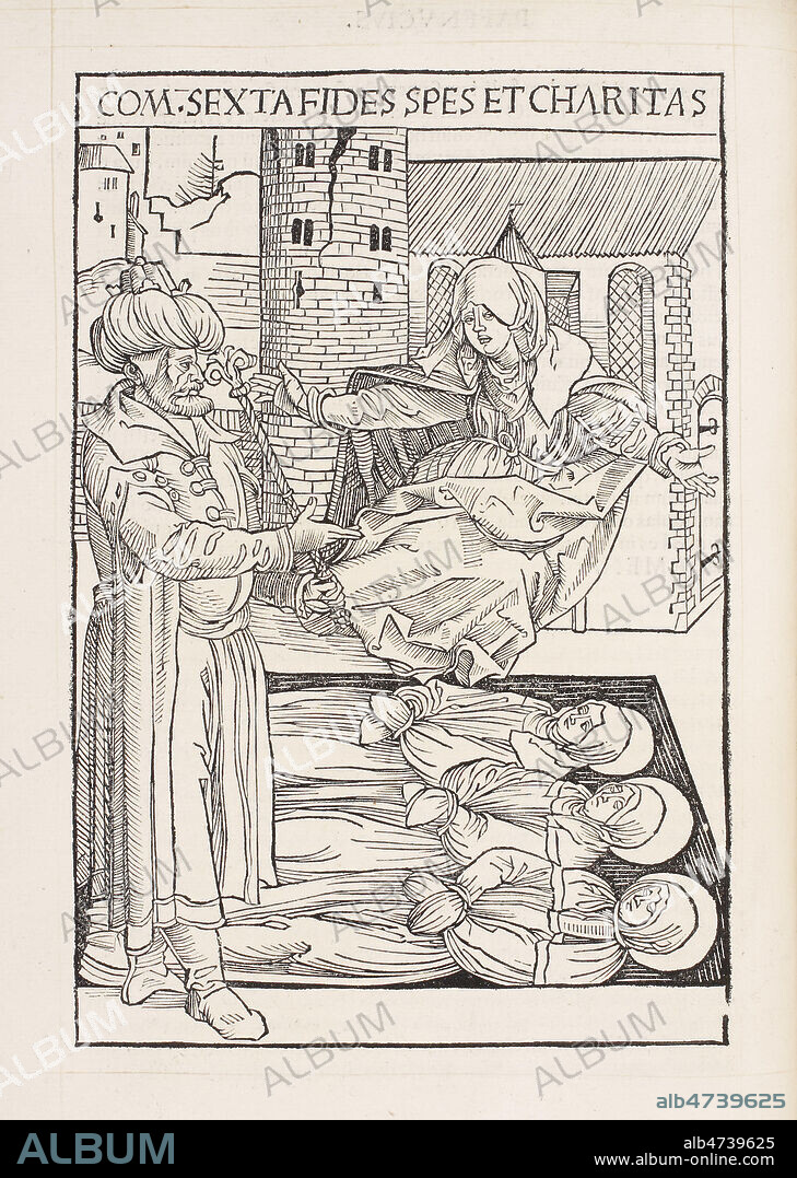 Sainte SOPHIA (la Sagesse) pleurant les saintes vierges Foi, Espoir, et Charite . Gravure sur Bois, de Wolf TRAUT. Opera Hrosvite illustris virginis et monialis Germane gente Saxonica orte nuper a Conrado Celte Inventa..., 1501, Incunable tout debut 16e siecle. Oeuvre de Roswitha von Gardensheim (v 935-973) religieuse et femme de lettres, regne d'Othon 1er, premier veritable ecrivain d'Allemagne. Contient: 6 comedies religieuses a l'imitation de Terence, 8 hagiographies en vers dont Vie de la Vierge Marie, et epopee en vers sur Othon 1er ou Otton le grand (912-973) r commandee par l'abbesse de Gandersheim. premiere edition tres rare, Incunable . Illustration due en partie a Albrecht DURER . Collection privee. Credit MIGNY/KHARBINE TAPABOR.
