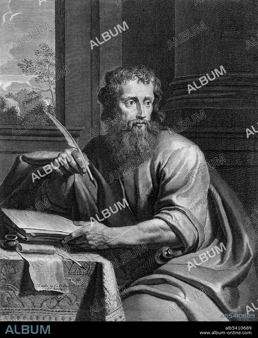 An engraving of Saint Paul, the Christian apostle credited with writing many books of the New Testament. Art by Pierre Landry (French, 1630?-1701).