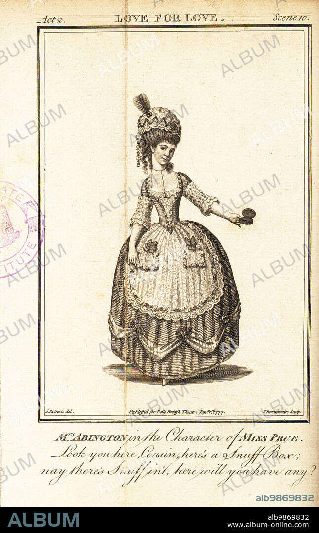 Mrs. Frances Abington or Fanny Abington in the character of Miss Prue in William Congreves Love for Love. Copperplate engraving by J. Thornthwaite after an illustration by James Roberts from Bells British Theatre, Consisting of the most esteemed English Plays, John Bell, London, 1780.