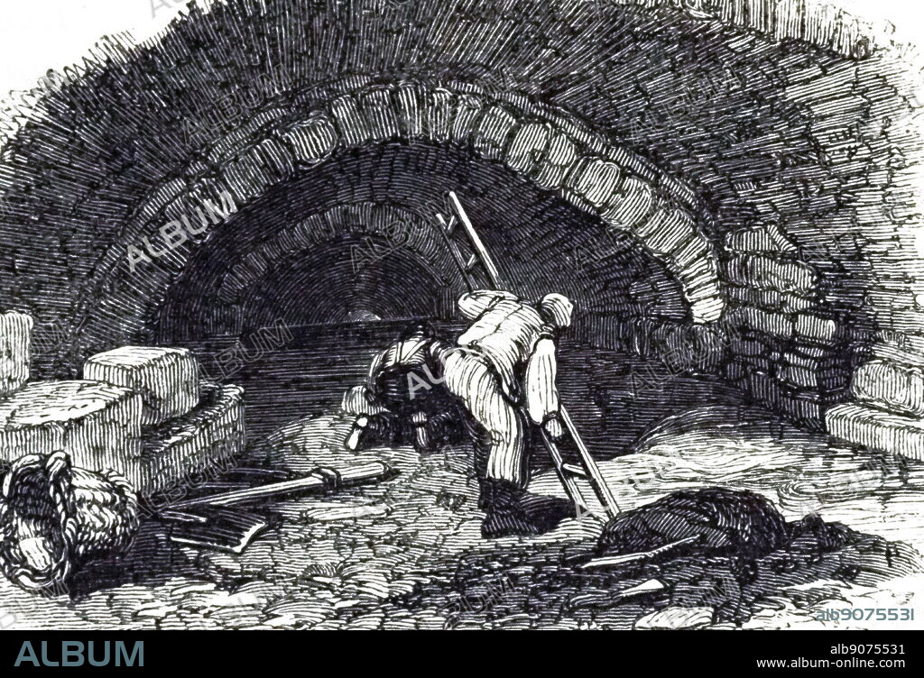 An engraving depicting the Fleet Ditch in 1841. At this time such old watercourses acted as sewers and flowed into the Thames, which was heavily polluted. Dated 19th century.