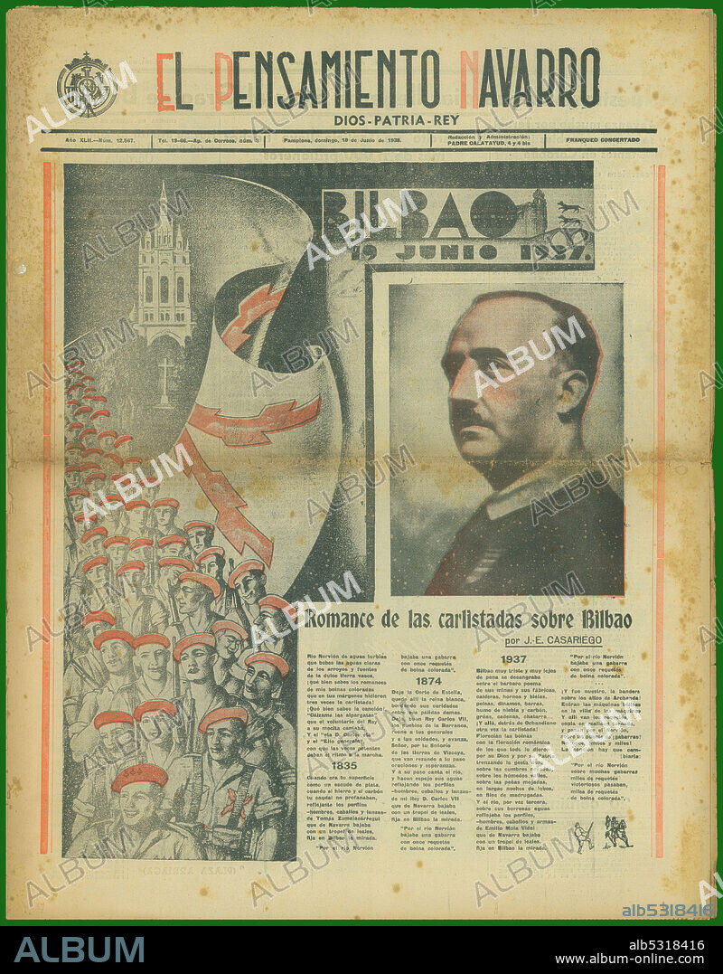 Guerra civil española (1936-1939). Zona nacional. Portada del periódico carlista El Pensamiento Navarro, editado en Pamplona, junio de 1938.