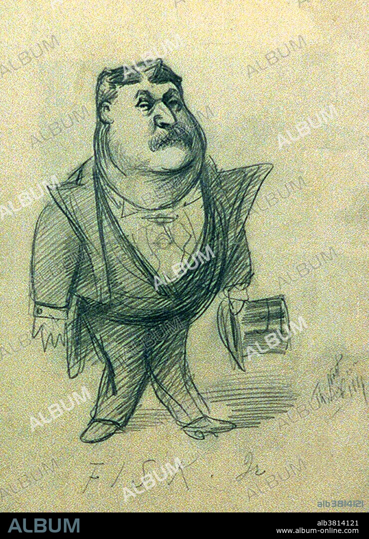 James Fisk, Jr. (April 1, 1835 - January 7, 1872) was an American stockbroker, corporate executive, and a "robber barons" of the Gilded Age. He aided Daniel Drew in the Erie War against Cornelius Vanderbilt for control of the Erie Railroad. This resulted in Fisk and Jay Gould becoming members of the Erie directorate. Fisk and Gould carried financial buccaneering to extremes: their program included an open alliance with NY politician Boss Tweed, the wholesale bribery of legislatures, and the buying of judges. Their attempt to corner the gold market culminated in the fateful Black Friday of September 24, 1869. Though many investors were ruined, Fisk and Gould escaped significant financial harm. Fisk had a relationship with Josie Mansfield, but their relationship scandalized New York society. Mansfield fell in love with Fisk's business associate Edward Stiles Stokes. In a bid for money, Mansfield and Stokes tried to extort money from Fisk. Stokes confronted Fisk on January 6, 1872 in the Grand Central Hotel and shot him twice, in the arm and abdomen. Fisk died of the abdominal wound the next morning, but not before identifying Stokes as the killer. Pencil sketch by Thomas Nast, dated May 25, 1866.