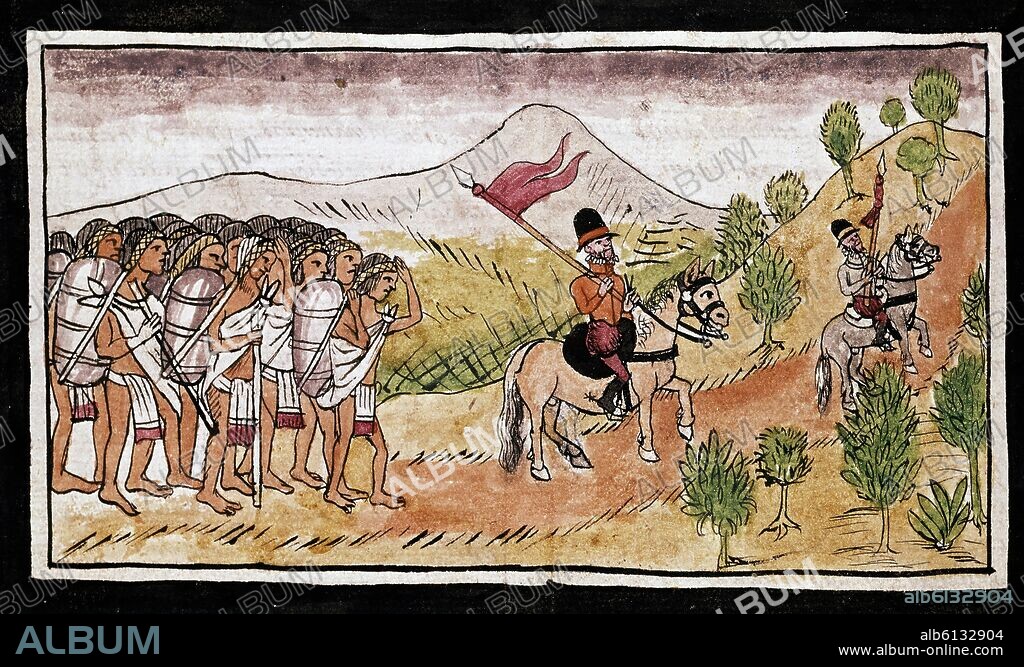 DIEGO DURÁN. MANUSCRITO-HERNAN CORTES Y UN PRINCIPAL SE DIRIGEN A MEXICO CAPITAL- CODICE DURAN - S XVI.
