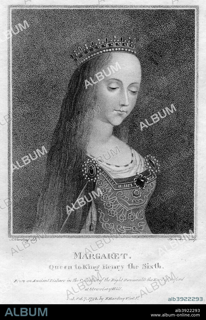 Margaret of Anjou, Queen Consort of Henry VI, (1792). Margaret of Anjou (1429-1482) married Henry VI of England in 1445. The mental instability of Henry meant that Margaret effectively led the Lancastrian cause in the Wars of the Roses. She founded Queen's College, Cambridge.