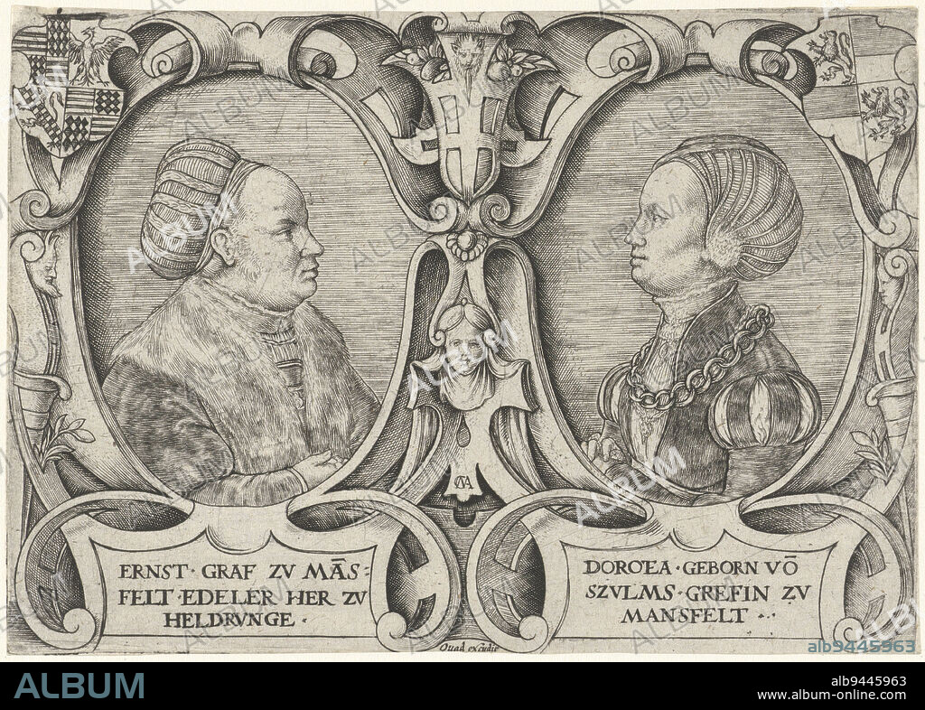 Double portrait of Count Ernst II Mansfeld zu Vorderort and of his second wife Dorothea von Solms-Lich, both en profil. In the upper left and right corners of the ornamental frame their personal coats of arms., Double portrait of Count Ernst II Mansfeld zu Vorderort and of his wife Dorothea von Solms-Lich, print maker: Cornelis Massijs, (mentioned on object), publisher: Quad, (mentioned on object), Antwerp, c. 1550, paper, engraving, h 121 mm × w 170 mm.