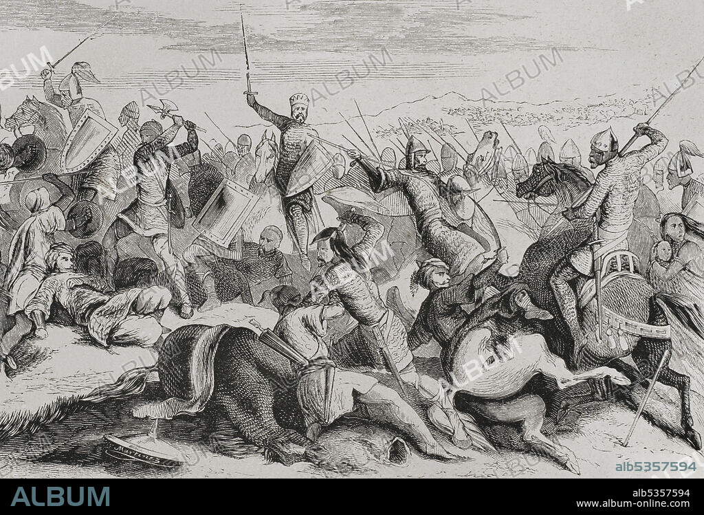 Historia de España. Batalla de Simancas (1 de agosto de 939). Enfrentamiento entre las tropas de coalición cristiana lideradas por el rey de León Ramiro II, y los musulmanes asentados en Córdoba del califato Abd al-Rahman III, que tuvo lugar en los muros de la ciudad de Simancas. Las tropas cristianas resultaron vencedoras. "Don Ramiro de León derrota al cordobés junto a Simancas". Grabado. Las Glorias Nacionales. Tomo II, edición Madrid-Barcelona. 1853.