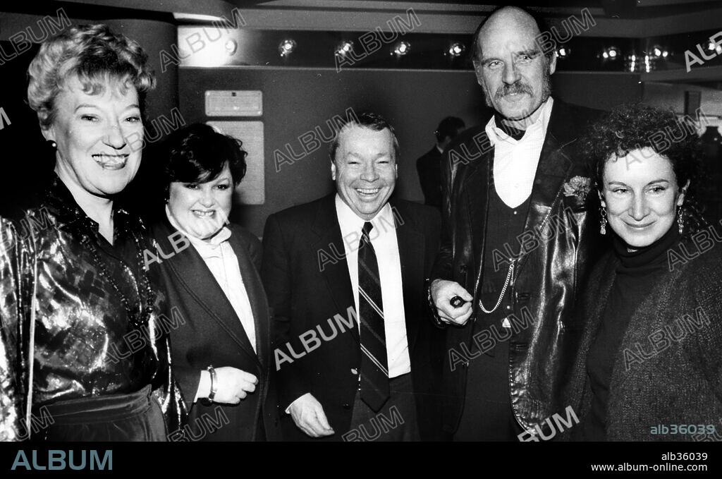 Feb 01, 1987-Toronto, Ontario, Canada-Left to right: FLORA MACDONALD, SHIRLEY CROMBIE, DAVID CROMBIE, GRAHAM GIBSON, MARGARET ATWOOD. Chamagne reception for premiere of ''John and the Missus. 01/02/1987