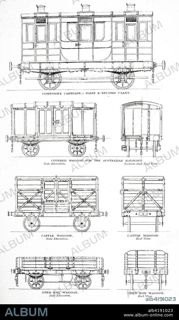 View of various styles of locomotive carriages and wagons. Dated 19th century.